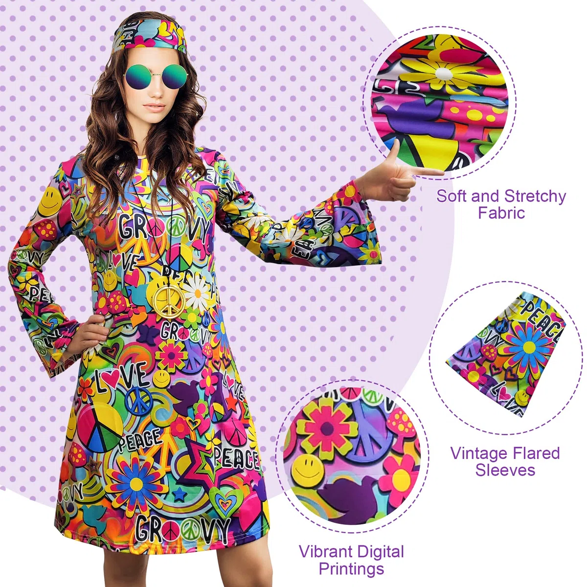 Robe hippie des années 70, collier, boucles d'oreilles, lunettes de soleil, tenue disco pour femme, costume de fête des années 60, robes rétro d'Halloween