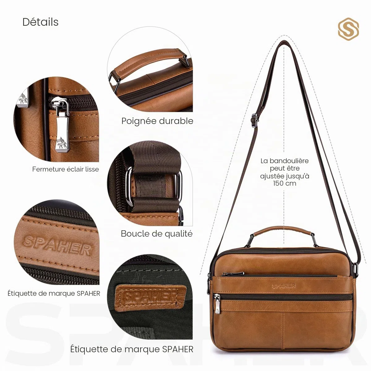 SPAHER Sacoche Homme Bandouliere Grand Sacoche Homme Cuir Véritable Pochette Homme Sac Bandoulière Homme Sac Porté Epaule Sacs Business Sacs à Main Voyage pour Ipad 11 pouces