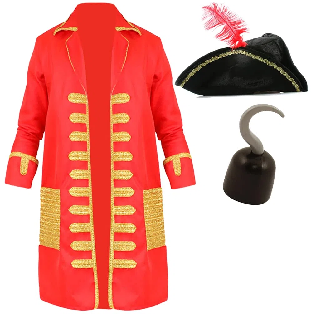 Costume de Capitaine Crochet Adulte - Manteau Pirate Rouge et Or Chapeau de Pirate Noir avec Plume et Crochet en Plastique Main - Adulte TV/Film World Book Day Fancy Dress