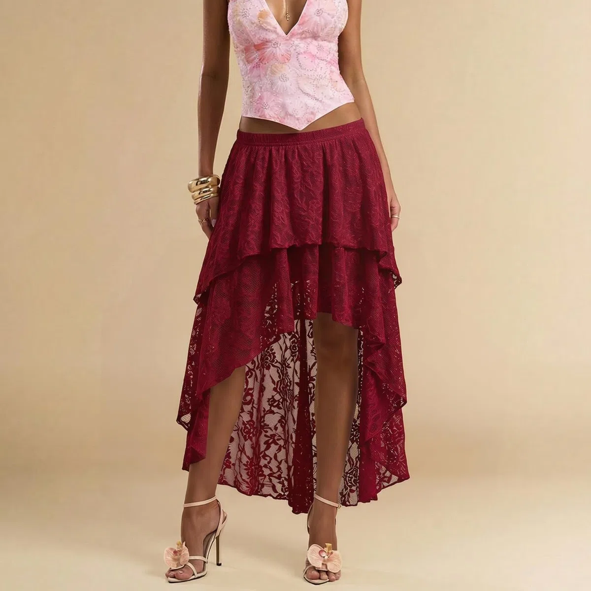Générique Jupe Longue à Volants en Dentelle et Tulle superposés pour Femme, Coupe trapèze, Style bohème, Ourlet Tendance, idéale pour Les Sorties. (Burgundy,TG)