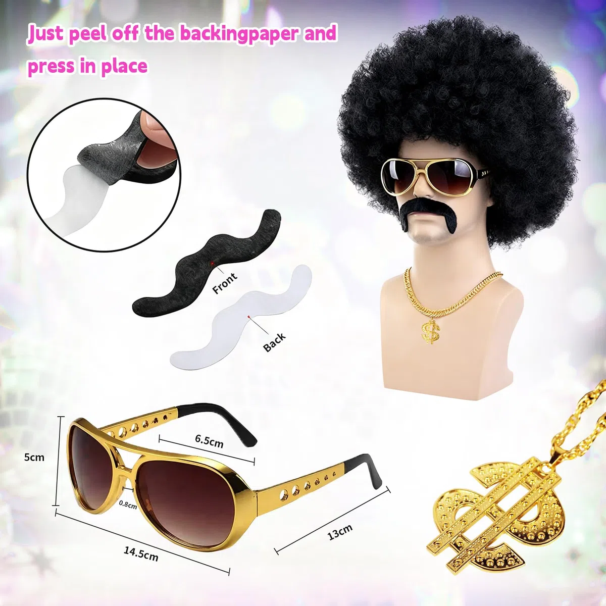 Costume hippie disco pour adultes - Tenue rétro années 70-80 avec chemise, pantalon, perruque afro, collier, lunettes de soleil et autocollant pour barbe