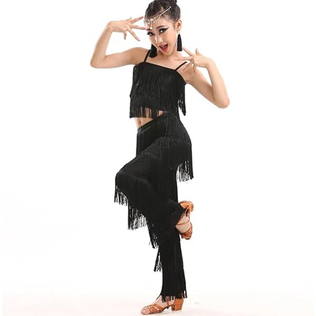 Generisch Tenue de performance pour costume de danse avec combinaison à bretelles unies à franges, vêtement idéal pour spectacle de scène de 3 à 14 ans