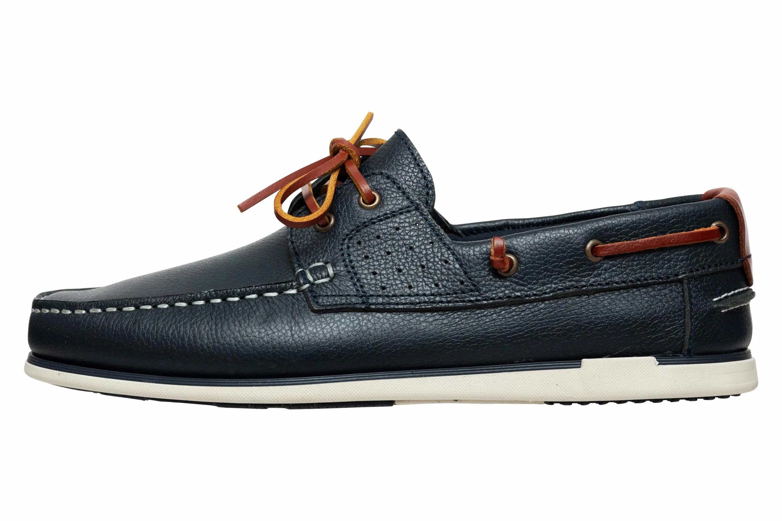 Chaussures bateau en cuir véritable pour homme Mocassins plats avec lacets en cuir en bleu foncé et marron 2 Eye Boat Shoes, bleu foncé, 43 EU Étroit