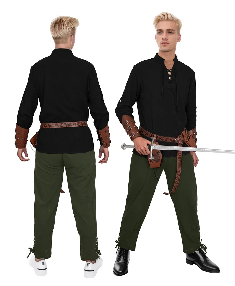 Costume médiéval de la Renaissance pour homme, costume de Viking, chemise à lacets, pantalon avec accessoires, costume d'Halloween pour cosplay, mascarade, magicien