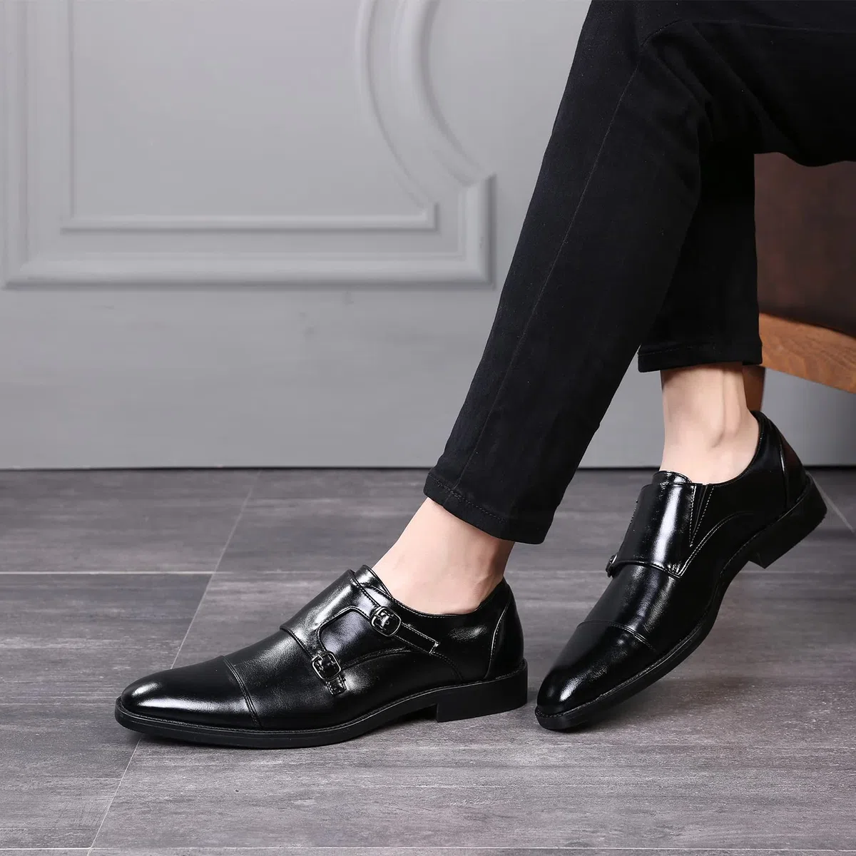 ANUFER Gentilhomme Intelligent Cap Orteil Double Boucle Chaussures de Moine Faux Cuir Formel Chaussures Habillées