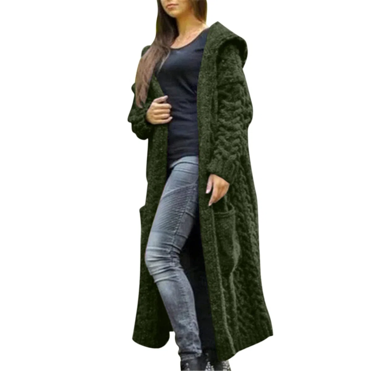 Gilets Femme Cardigan Femme - Casual Manteau Top Hiver Solide Tricoté Lâche À Capuche Manteau Long Cardigan Pull Poche Manteau Hiver Chaud Manteaux