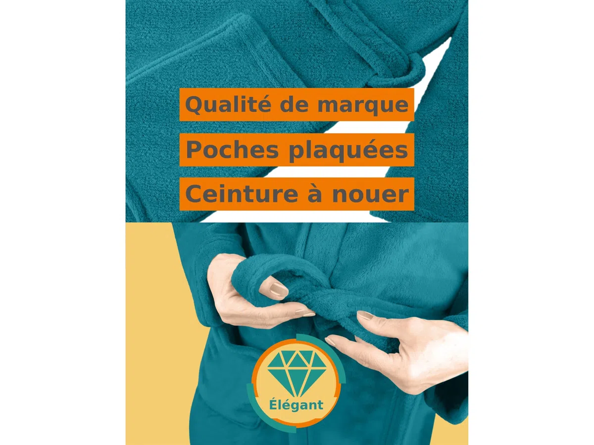 npluseins Peignoir de bain en polaire moelleuse avec col châle – Femme & Homme, XXL, Pétrole