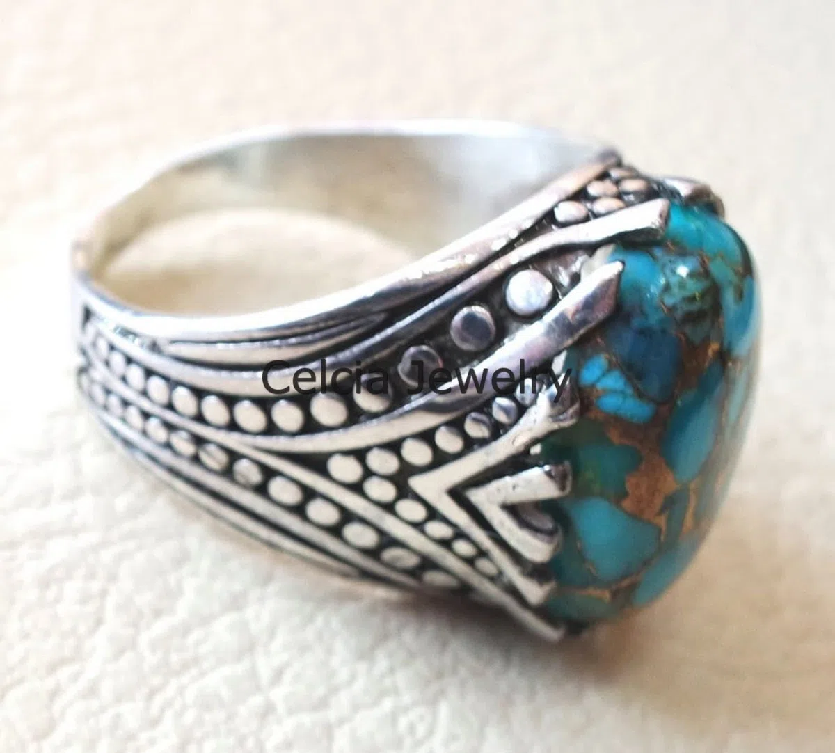 Bague ovale en cuivre bleu turquoise véritable pierre précieuse bleue, véritable argent sterling chevalière, bague de déclaration, bague de mariage, bague de cadeaux pour homme, cadeau unique pour lui