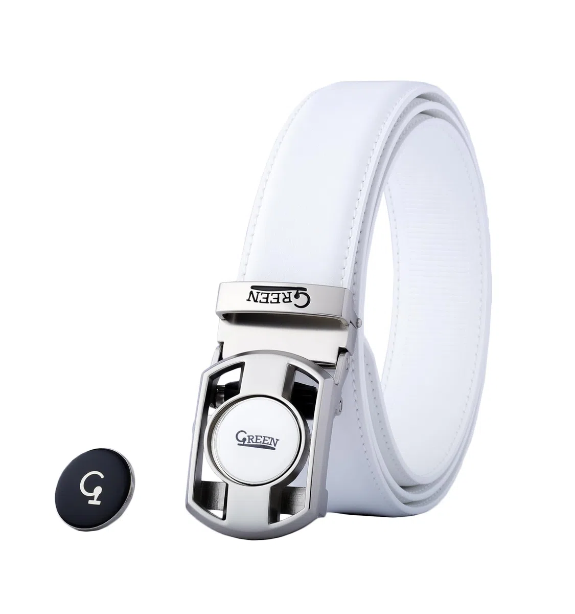 Litume GREEN GOLF Ceinture de Golf à Cliquet – Design Sans Trou, Boucle Micro-Réglable avec Marqueur de Balle Magnétique en Émail