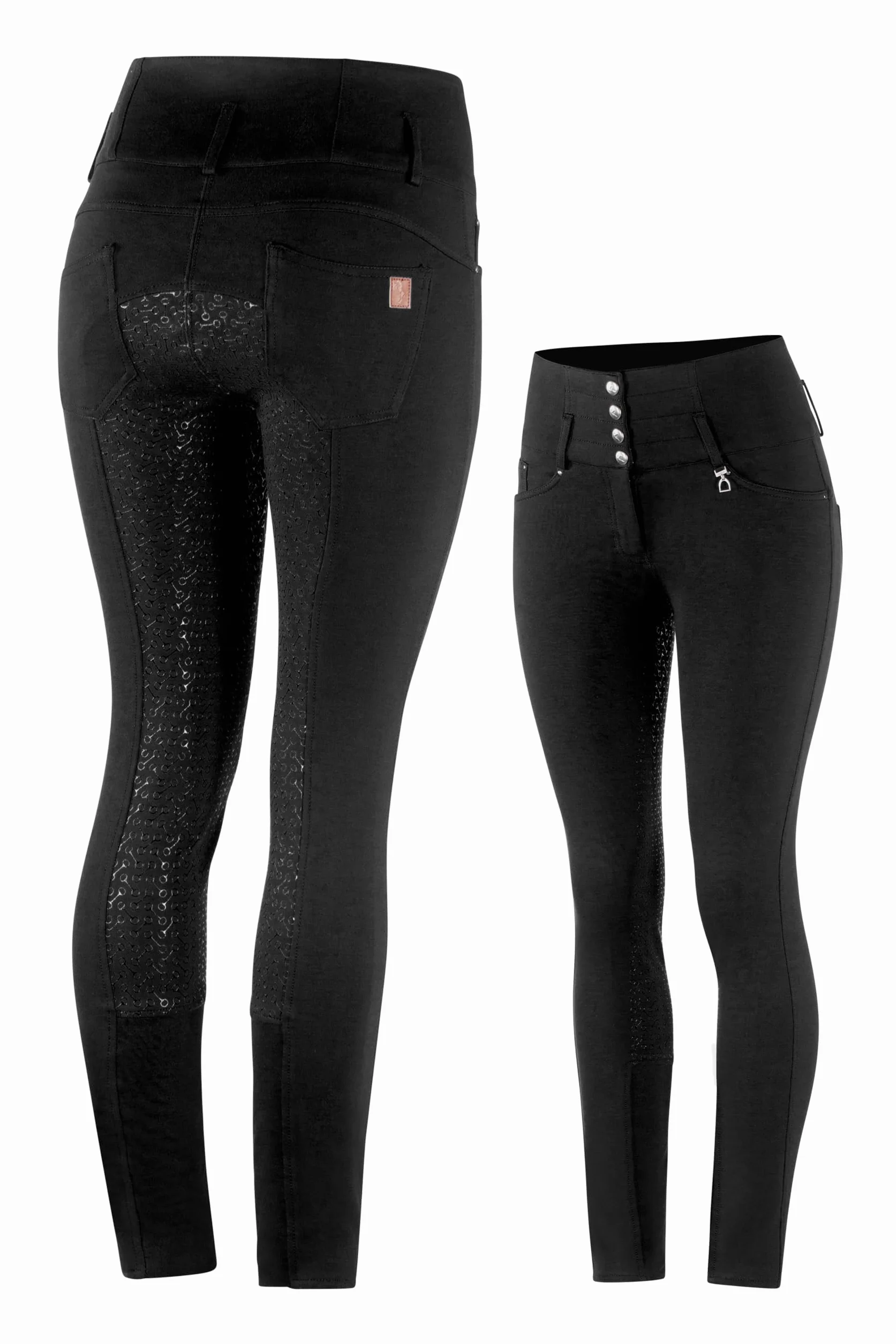 HORZE Pantalon d'équitation Tara pour Femme, Taille Haute, avec empiècement en Silicone et Poches, Noir/Noir, 38