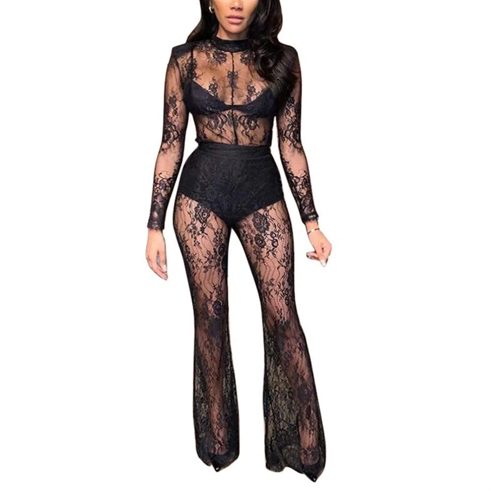 Combinaison Transparente En Dentelle Sexy Pour Femmes Jumpsuit À Manches Longues Party Nightclub Pantalon Long Combishort En Maille Moulante Transparente
