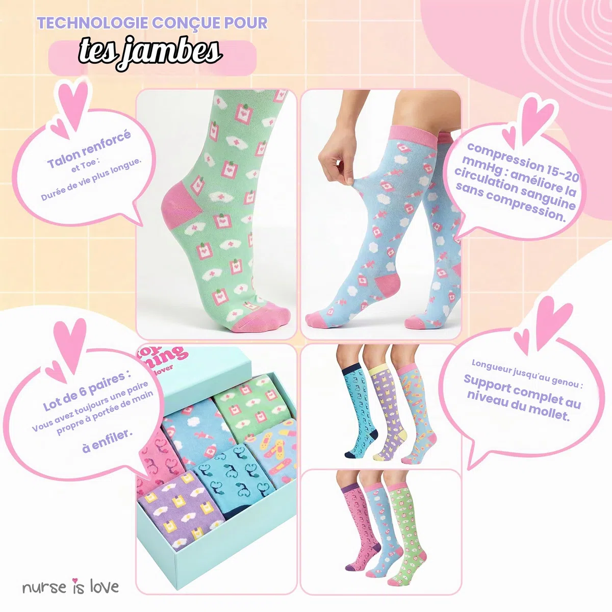 Nurse is Love. Bas De Contention Femme Pour Infirmiere - Chaussettes De Compression Pour Aide Soignante Antivarices | Utiliser Avec Sabots Sanitaires | Cadeau, Accessoires - PT