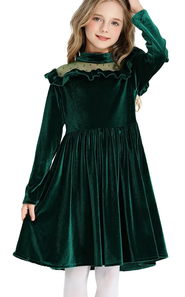 Robe en velours pour fille - Robe de Noël à manches longues - Robe de fête d'hiver - Robe festive en velours - Robe trapèze