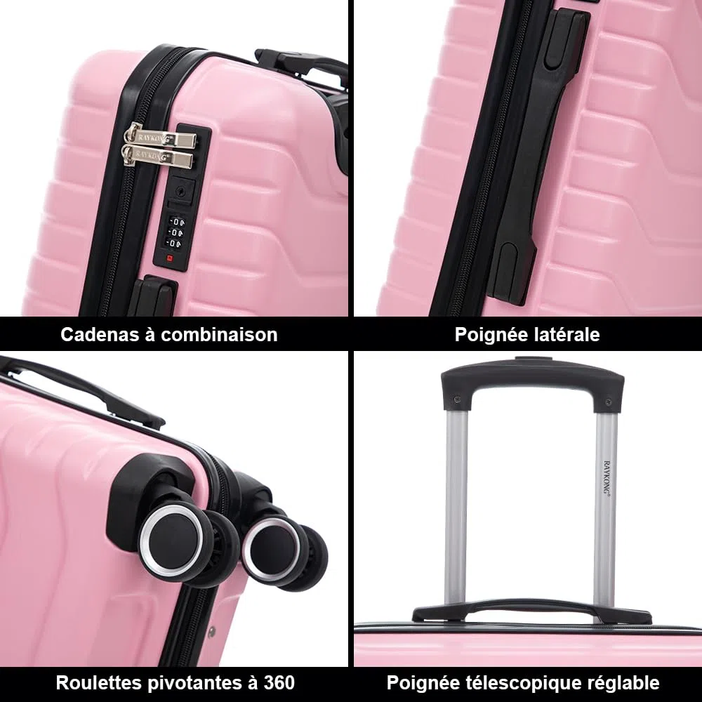 RAYKONG Valise Cabine 55x40x20cm (40L) Polycarbonate - Serrure integrée - 20 Pouces - (RK12|Rose)