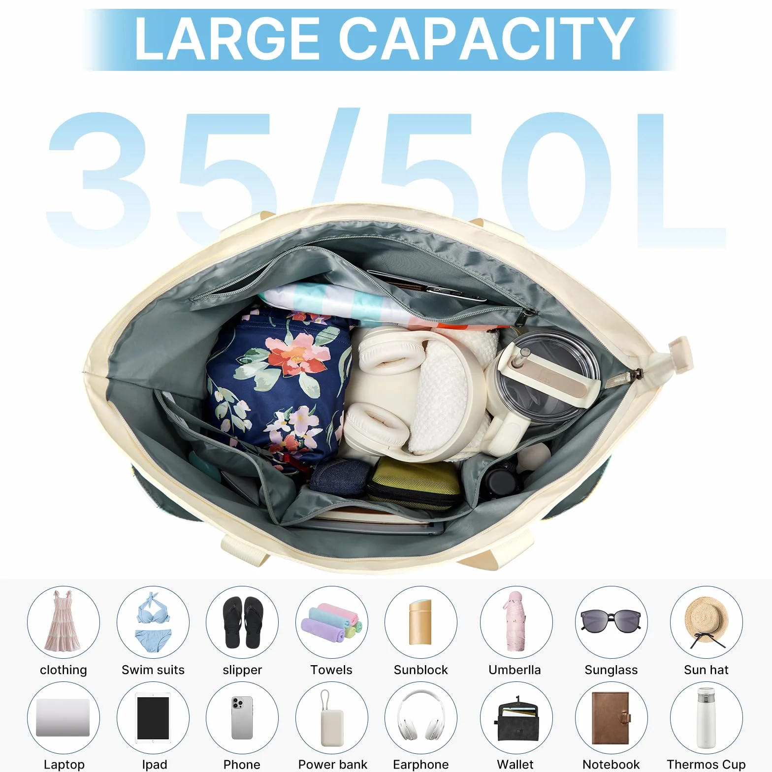 G4Free Sac de plage, sac de plage imperméable pour femme, compatible avec tasse Stanley, pliable pour les voyages en week-end | Compatible avec la tasse, grande capacité, anti-sable, pliable pour le week-end, les voyages, la natation
