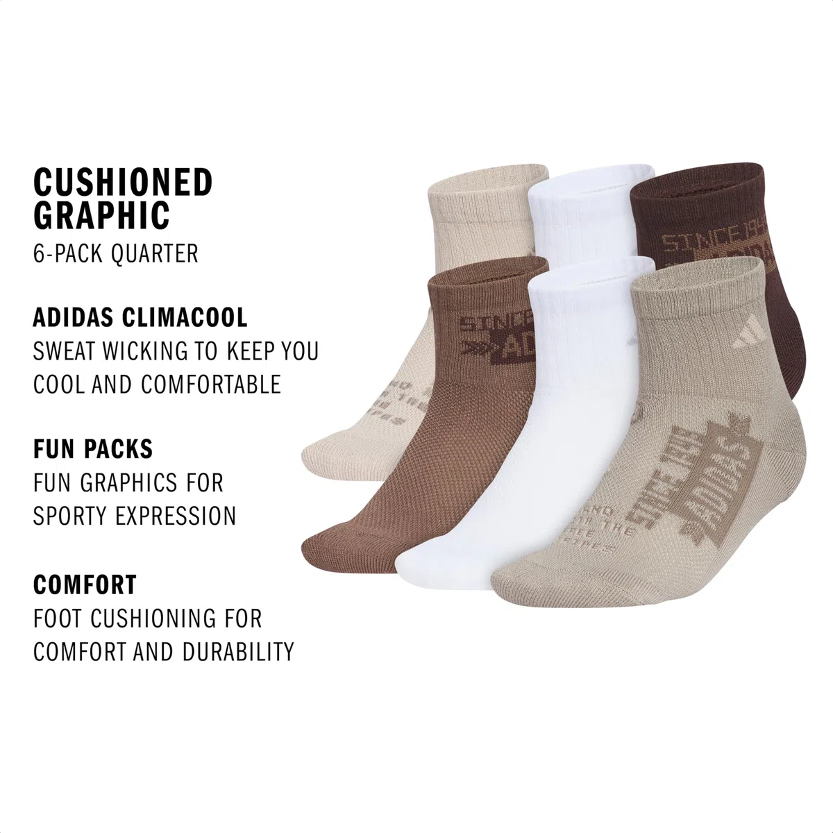 adidas Lot de 6 paires de socquettes unisexes pour enfants garçons et filles - Athlétique, rembourrées et confortables, beige merveille, blanc/marron terre strata, graphique, M (lot de 6)