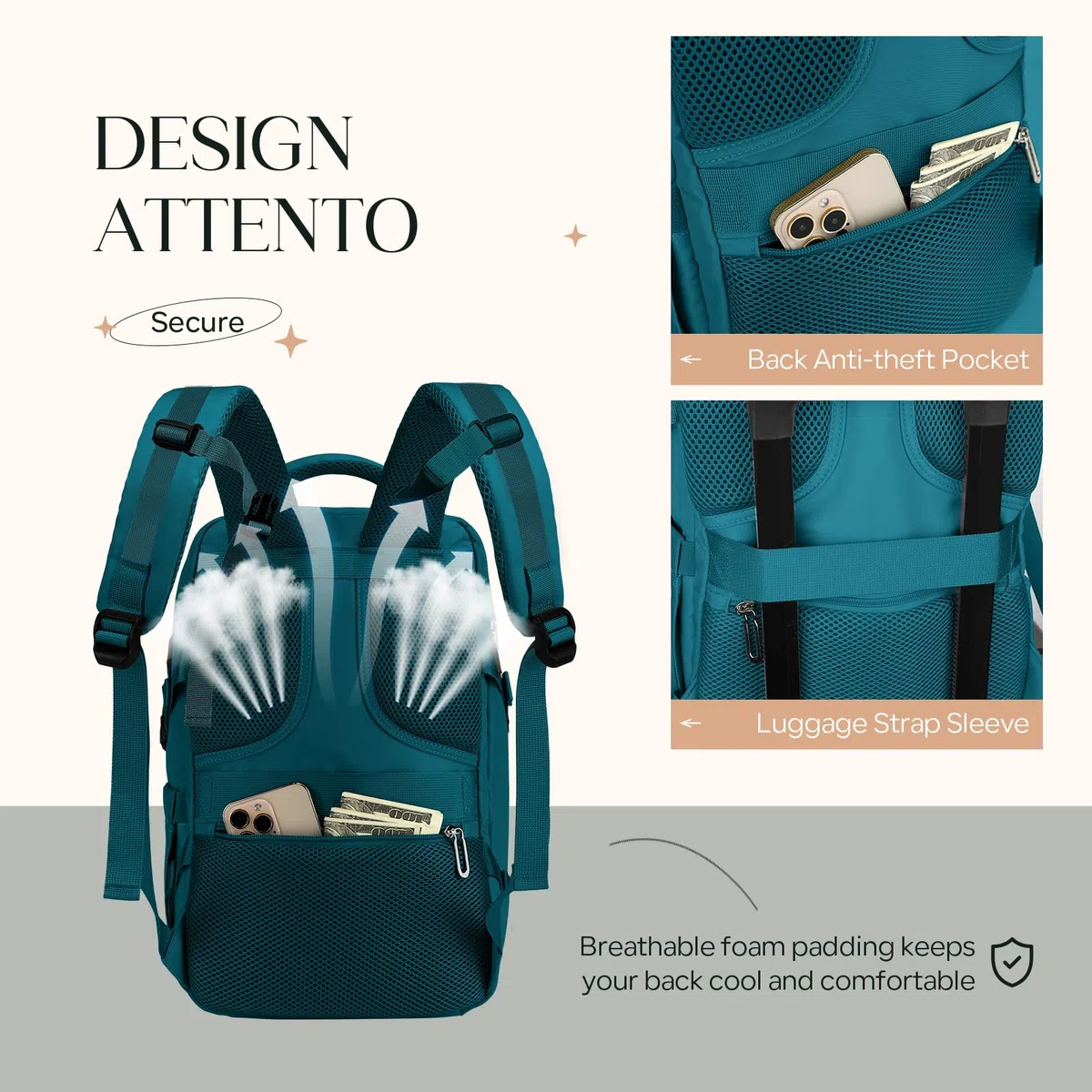 Sac à Dos Voyage Cabine 55x40x20 Bagage à Main 44L Bleu Lagon