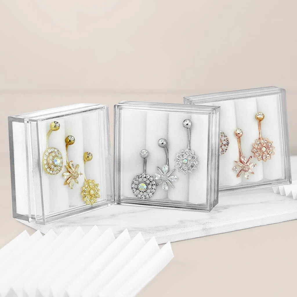 Tata Gisèle Piercings Nombril en Acier Chirurgical 316L - Trois Piercings Boite à Bijoux - Acier Chirurgical, Oxydes de Zirconium et Opale - (Or Doré)