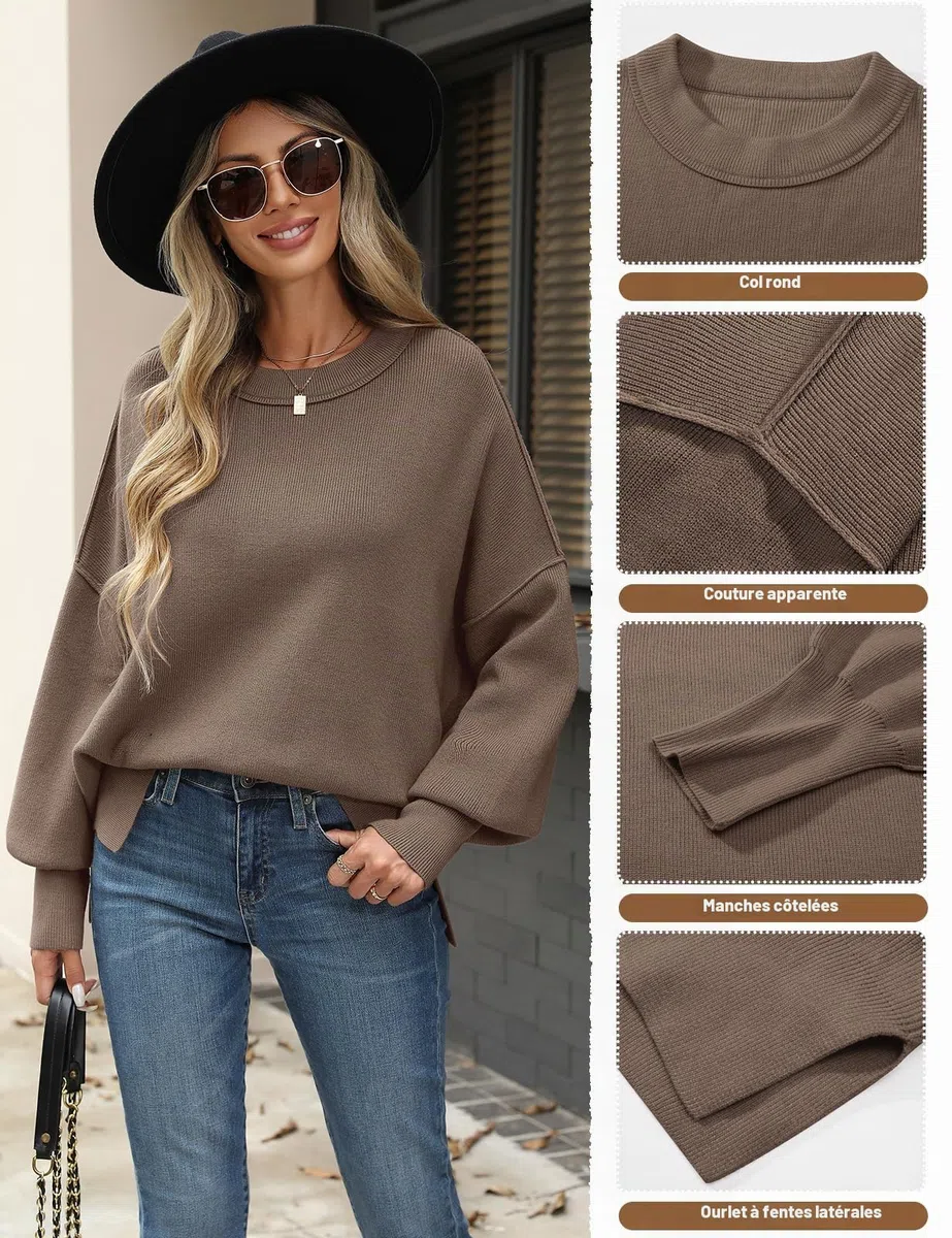 CMTOP Pull Femme Hiver Chic et Elegant Oversize Pull Chaud Décontracté Manches Longues Col Rond Pullover Tricot Sweat Haut Thermique Automne