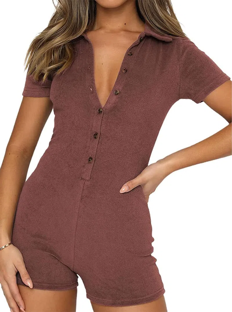 Combinaison moulante à manches courtes pour femme - Couleur unie, marron, XXL
