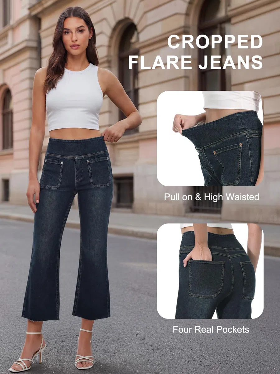 Jean Femme,Bootcut Jeans Taille Elastique, Flared Jean Taille Haute,Slim Pantalon avec Poches,Denim Stretch Leggings