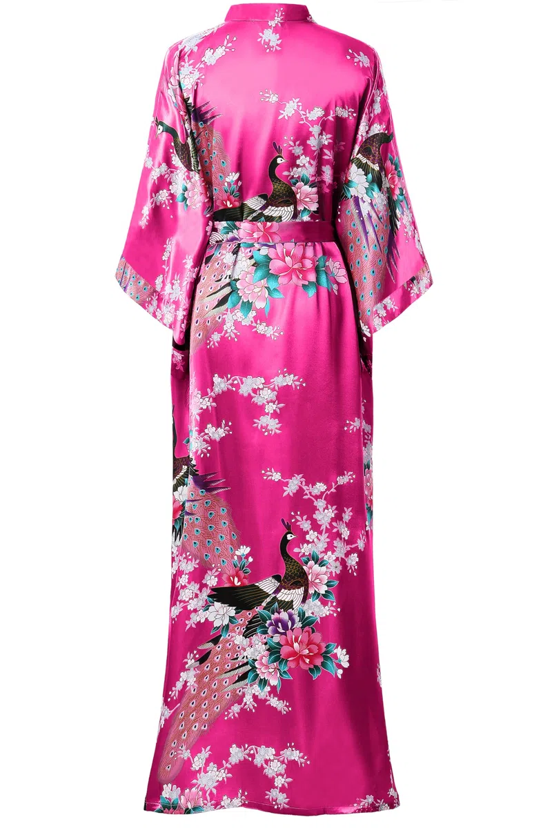 BABEYOND Women's Kimono Robe Long Satin Silky Robes with Peacock and Blossoms Printed Kimono Nightgown
