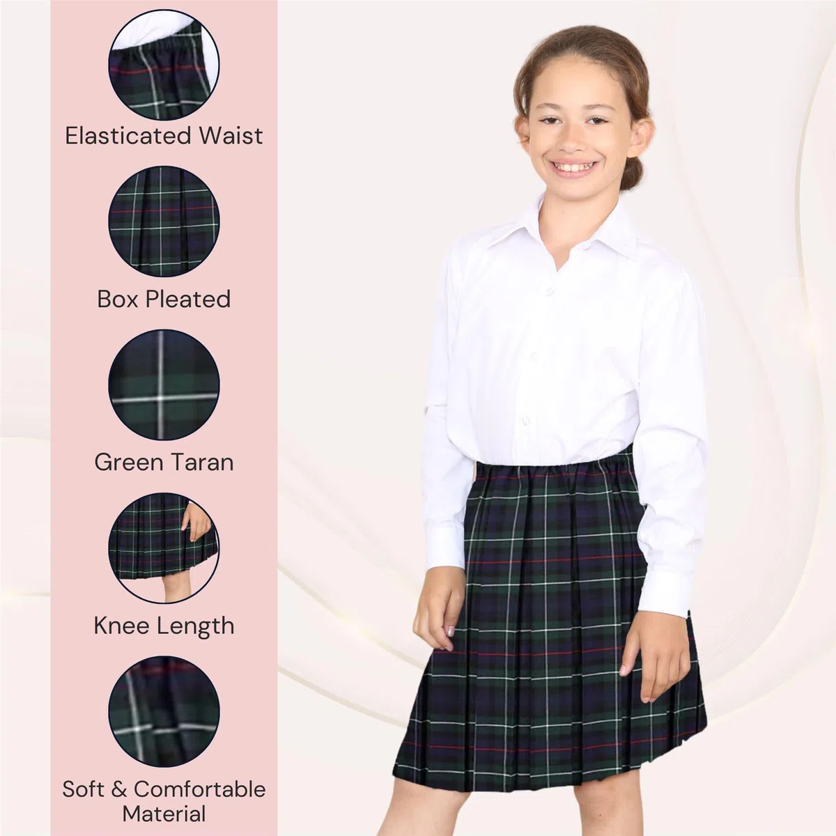 Jupe d'école plissée unie pour fille - Longueur genou - Uniforme scolaire plissée - Taille élastique - Jupe tartan d'été - Tailles 2 à 18 ans