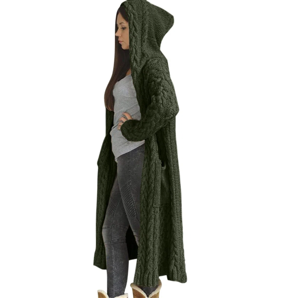 Gilets Femme Cardigan Femme - Casual Manteau Top Hiver Solide Tricoté Lâche À Capuche Manteau Long Cardigan Pull Poche Manteau Hiver Chaud Manteaux