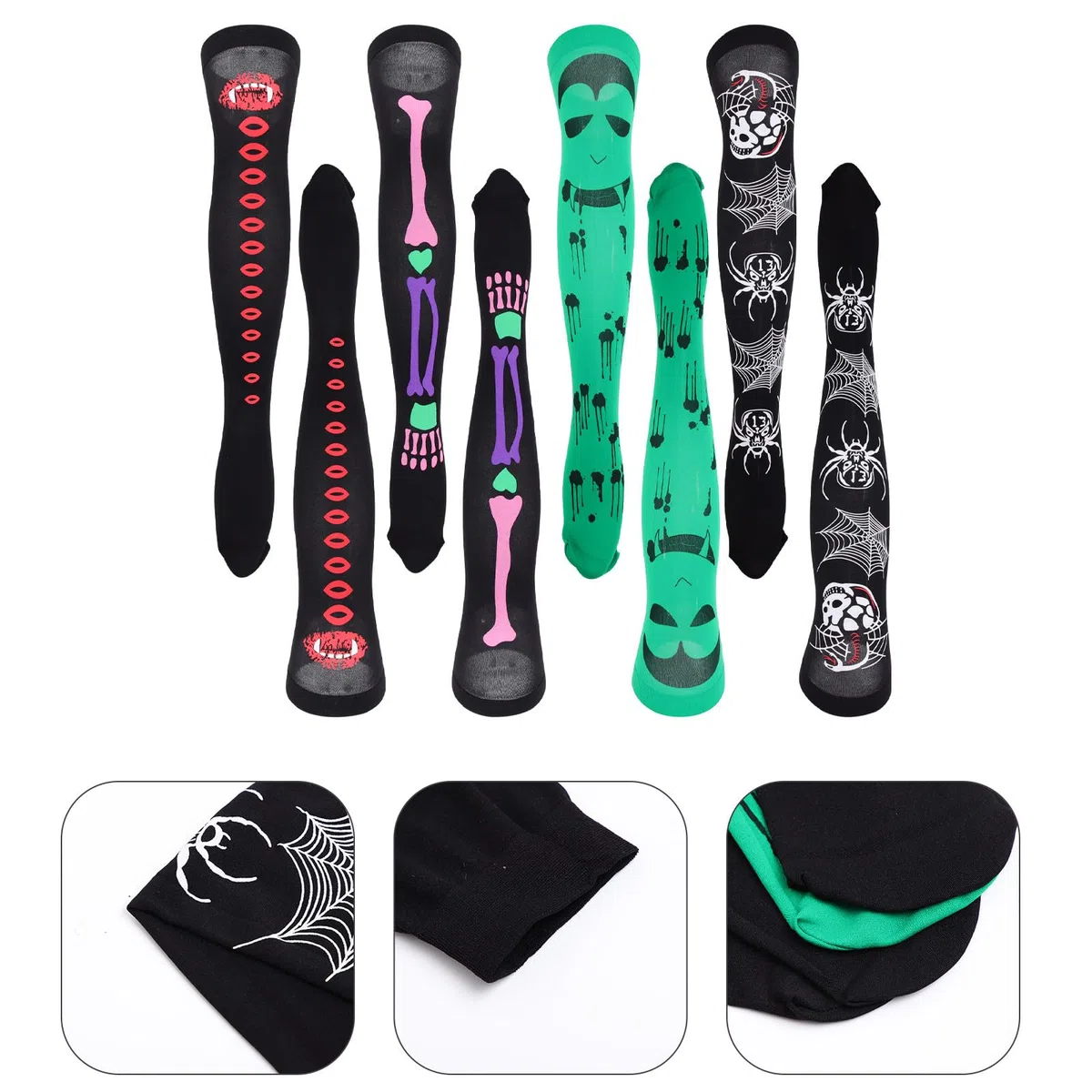 SEWACC 12 Paires Chaussettes Hautes Halloween à Motifs Horreur pour Filles, Bas Respirants en Fibres Acryliques, Élasticité et Confortables pour Cosplay et Fêtes