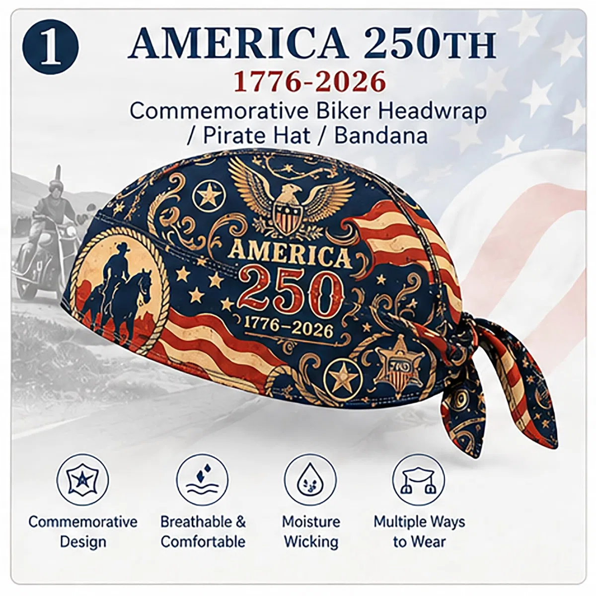 America 250 – Bandana de cyclisme style pirate/Bandeau pour motard – Foulard rafraîchissant et patriotique – Séchage rapide et évacuation de la transpiration