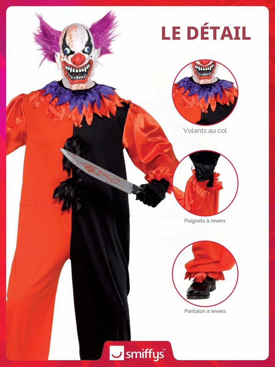 Smiffys Costume Bo Bo le clown effrayant et sinistre de cirque, avec combinaison-pantalon & masque