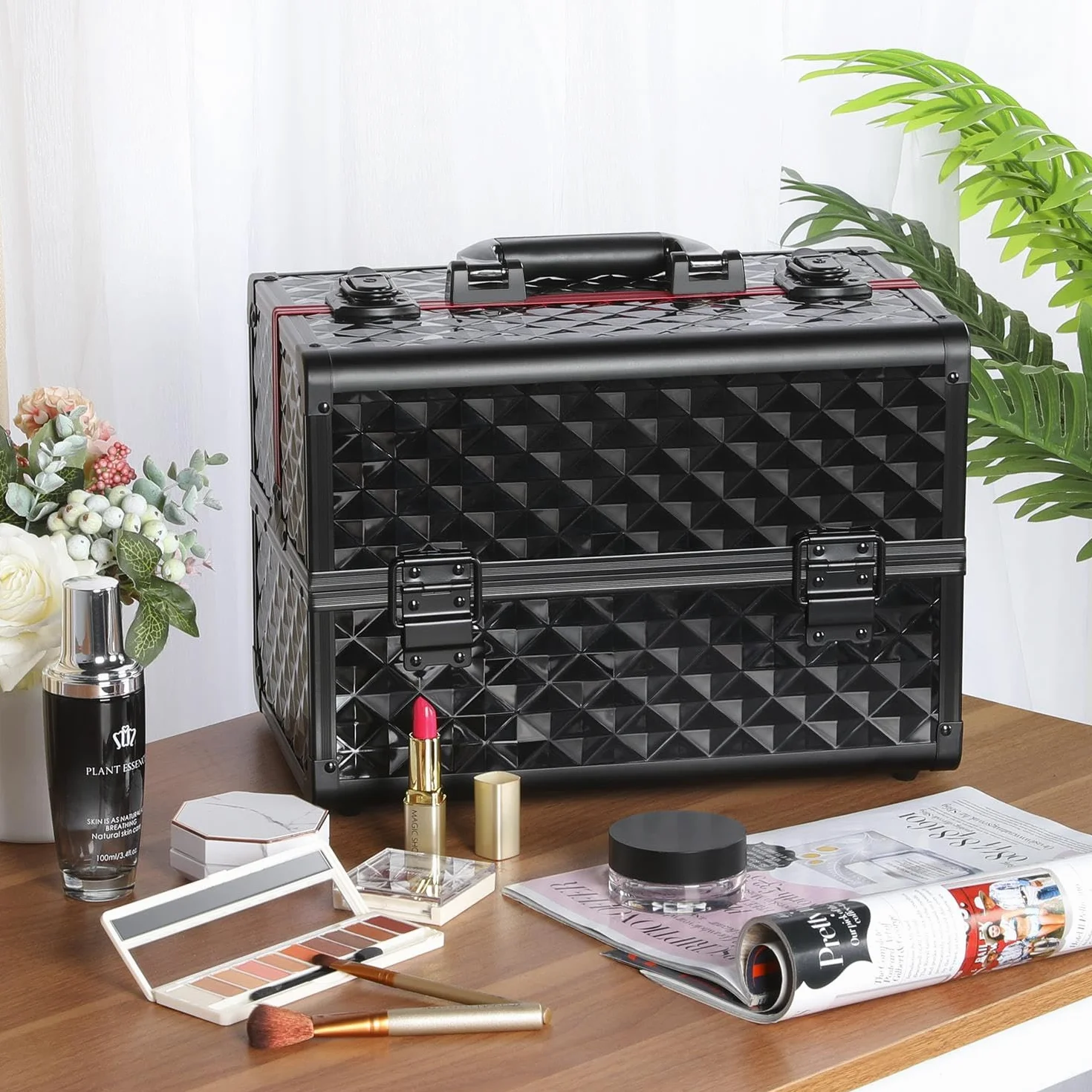 Abician Mallette Valise à Maquillage de Cosmétiques Vanity en Métal Beauty Case Coffret à Bijoux pour Voyage Coiffeur 35 x 22 x 25 cm Noir