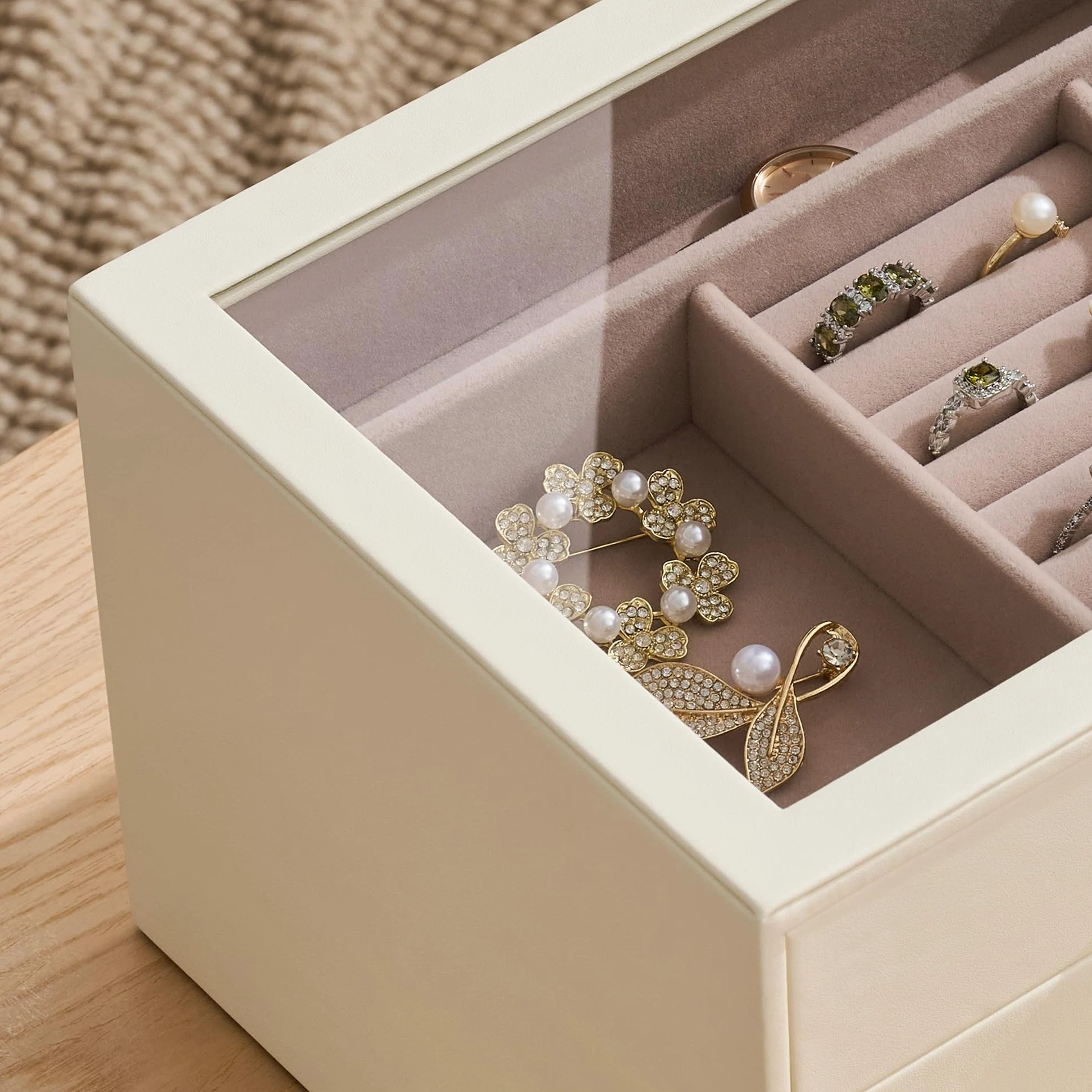 Boîte à bijoux de rangement, 4 couches avec fenêtre en verre, blanc