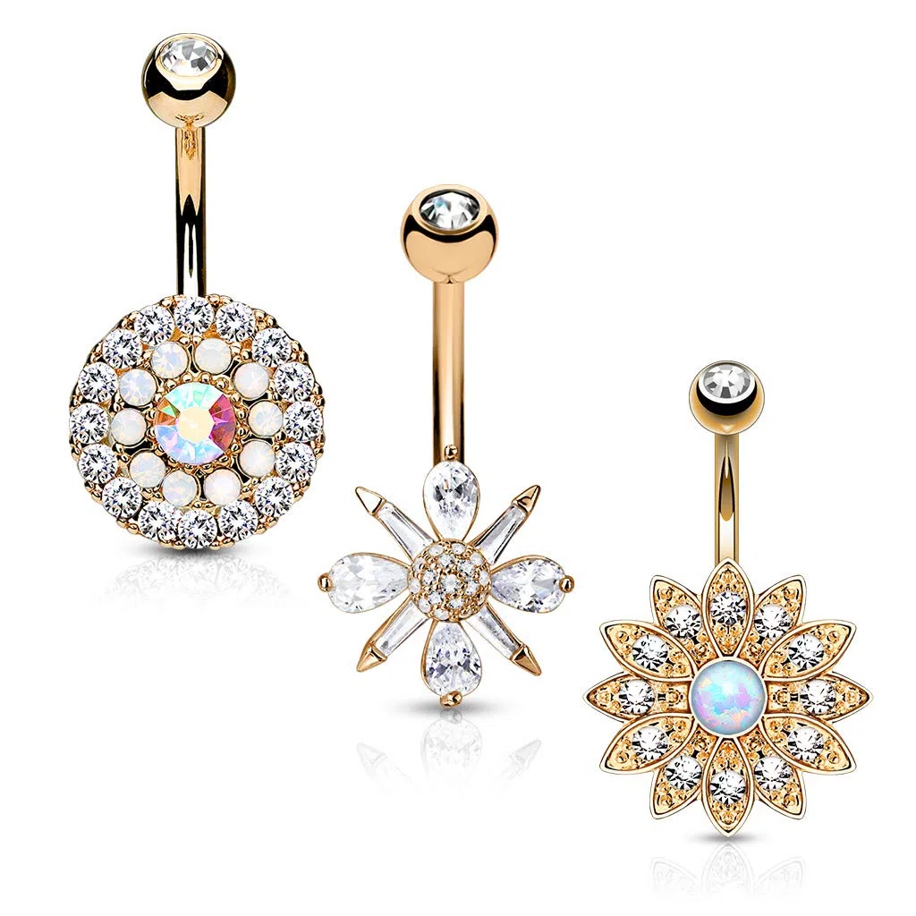 Tata Gisèle Piercings Nombril en Acier Chirurgical 316L - Trois Piercings Boite à Bijoux - Acier Chirurgical, Oxydes de Zirconium et Opale - (Or Rosé)
