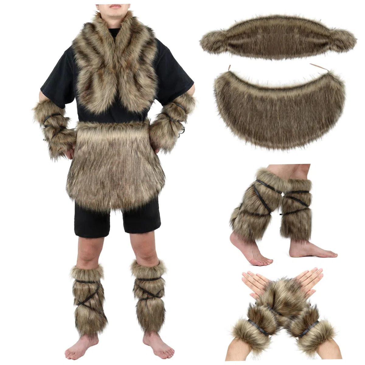 4 pièces/Ensemble Costume Viking pour Hommes, Costume de Barbare Chaud en Fausse Fourrure Comprenant Une Jupe à la Taille, Un Brassard, Une Cape châle, des Couvre-Bottes pour fête Cosplay