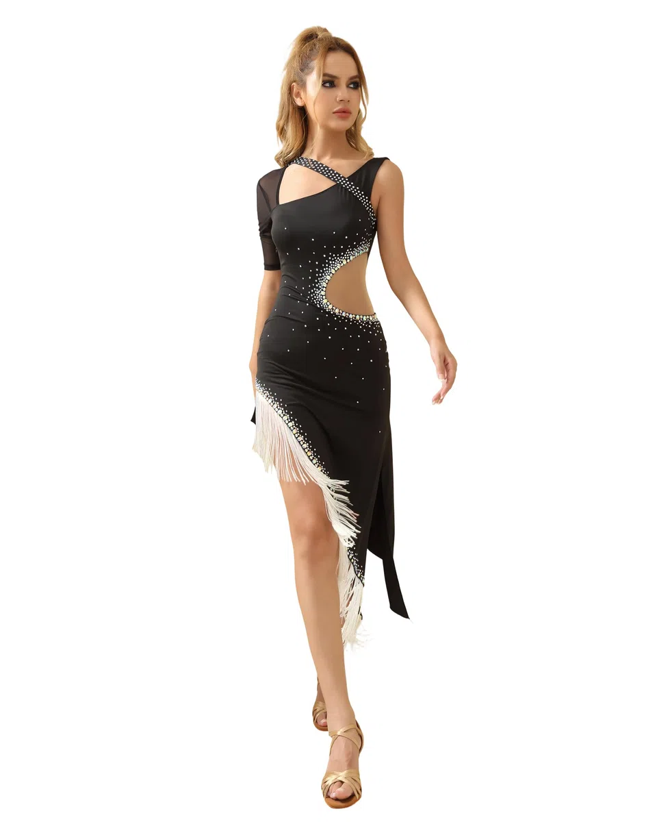 ROYAL SMEELA Robe Danse Latine Franges Femme, Robe de Salsa avec Strass,Robes de Tango Samba Rumba Dos Nu,Manches Irrégulières,Noir