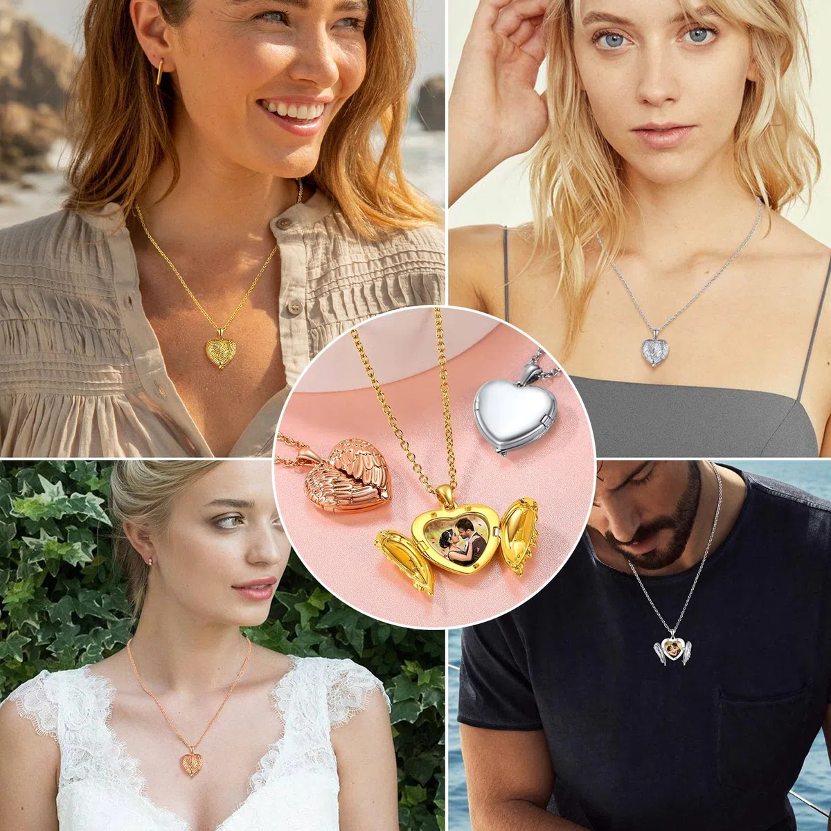 FindChic Personnalisé Photo Collier Coeur pour Femme Cuivre/Acier Inoxydable, Charm Aile d'Ange Pendentif Amour Prénom Personnalisable Enfant Maman Bijoux Noël