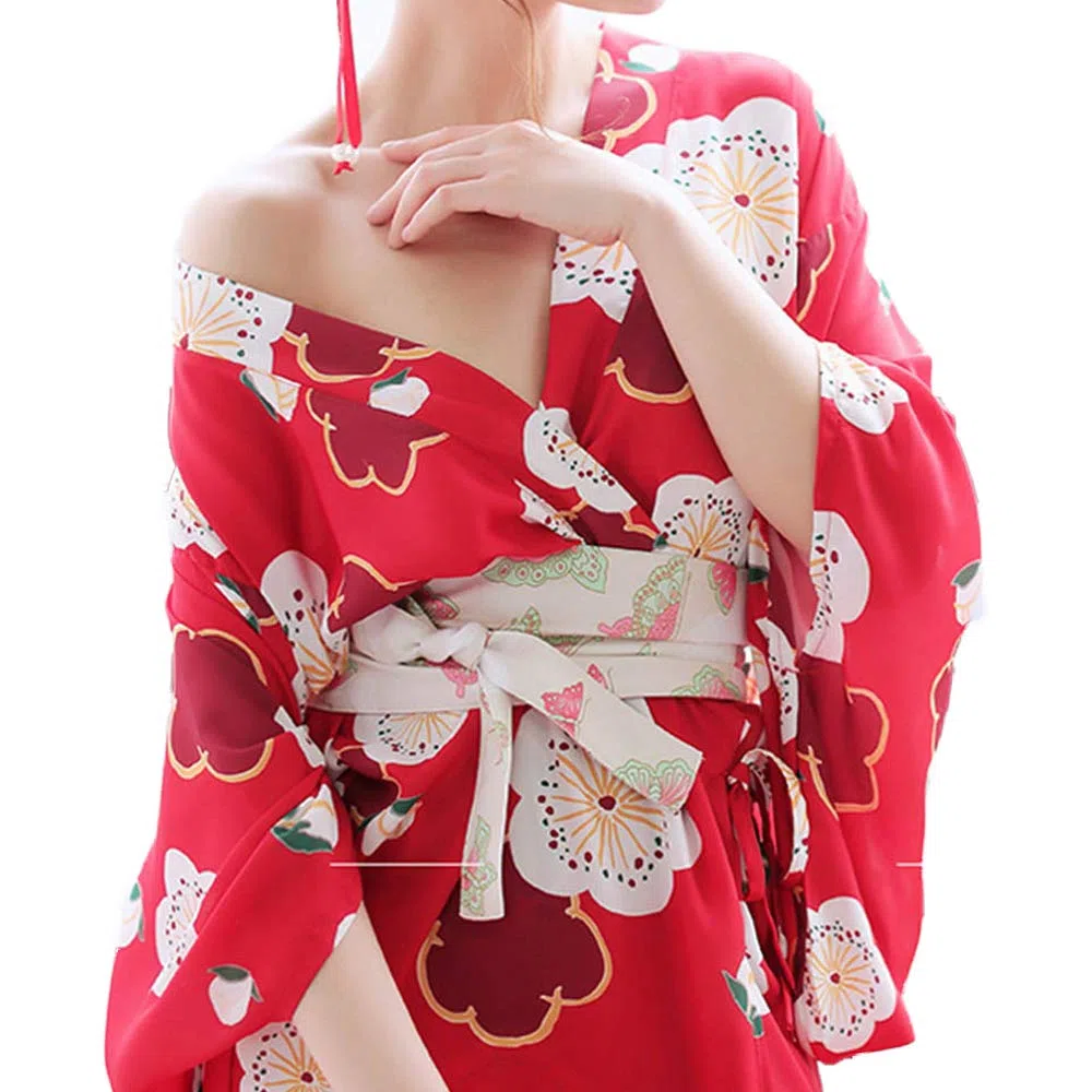 Robe kimono Yukata sexy en satin avec motif Sakura pour femme, robe de bain traditionnelle pour cosplay, robe longue