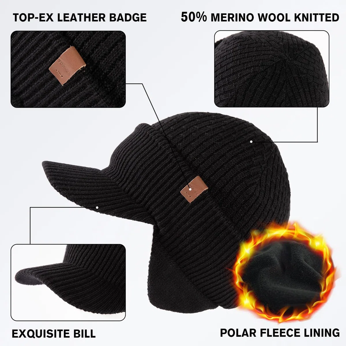 TOP-EX DryKnit Bonnet imperméable 50 % laine mérinos avec cache-oreilles Doublure polaire chaude pour temps froid, Noir #imperméable, S/M