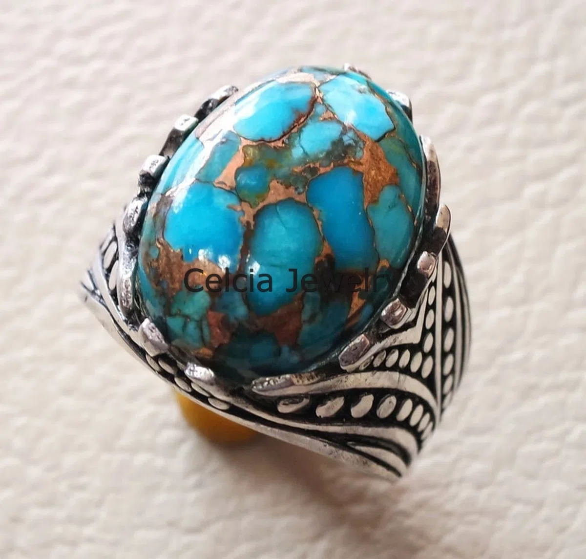 Bague ovale en cuivre bleu turquoise véritable pierre précieuse bleue, véritable argent sterling chevalière, bague de déclaration, bague de mariage, bague de cadeaux pour homme, cadeau unique pour lui