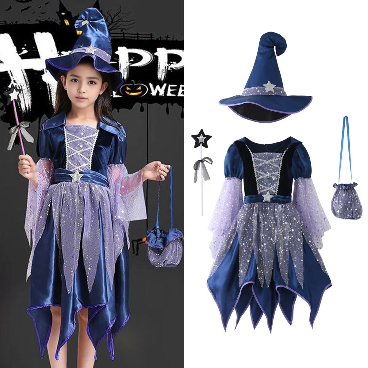 Ensemble Enfant, Enfants Halloween Cosplay Scène Jouer Performance Robe Chapeau Sac Bâton Quatre Pièces Tenues Pour Enfants Vêtements, Style Oversize Tendance