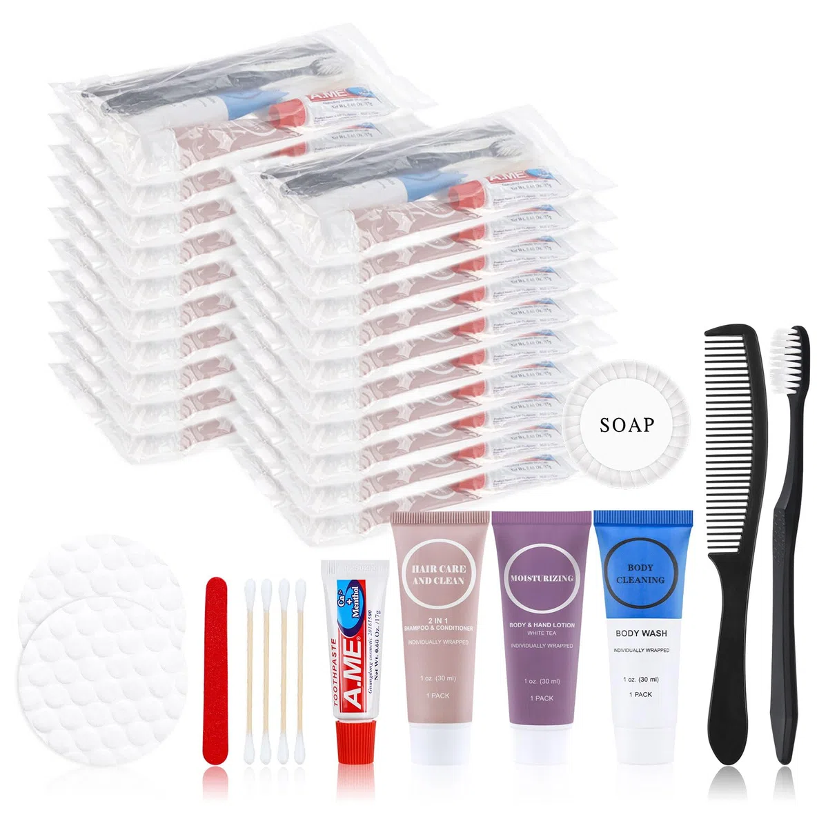 Trousse de toilette jetables en vrac - Fournitures de voyage - Essentiels d'hygiène personnelle pour homme et femme - Taille d'essai - Pour hôtel, camping, association caritative, sans-abri