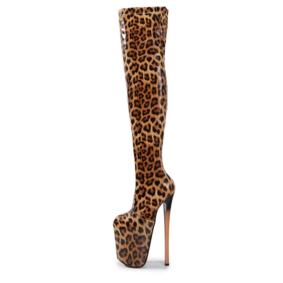 19CM Super Hauts Talons imprimé léopard Stretch Cuissardes en Cuir Verni Sexy fétiche Plate-Forme zippée sur Le Genou Botte Strip-teaseuse Club pôle Chaussures de Danse Grande Taille 36-50