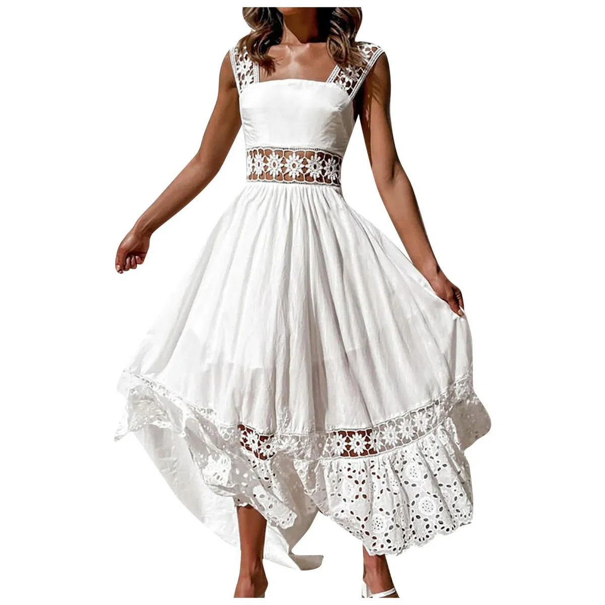 ARESU Dentelle Crochet Évider Robes Blanches Femmes sans Manches Dos Nu Vacances Décontracté Boho Robe Dames Lâche Plage Maxi Robe en Coton-Blanc-M