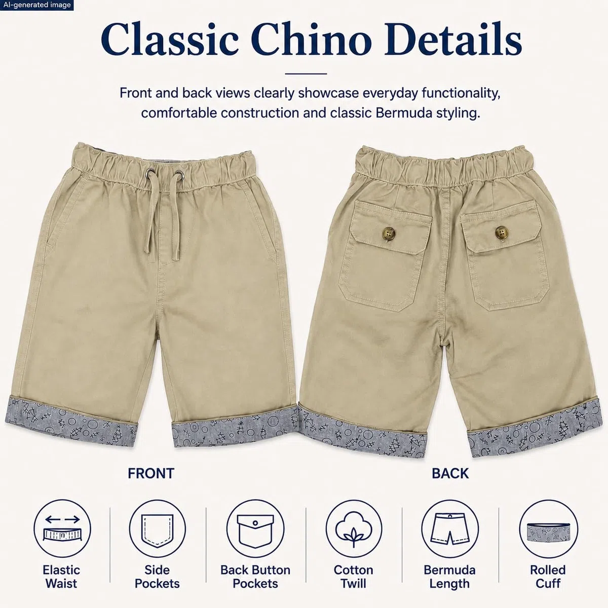Bienzoe Short en sergé de coton pour garçon Taille élastique - kaki - 16(13 ans)
