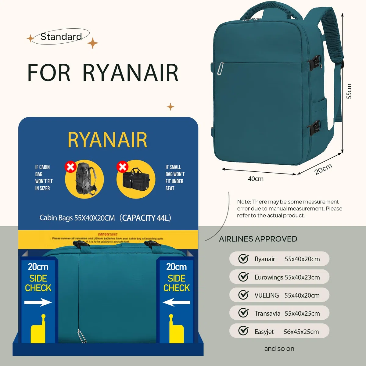 Sac à Dos Voyage Cabine 55x40x20 Bagage à Main 44L Bleu Lagon