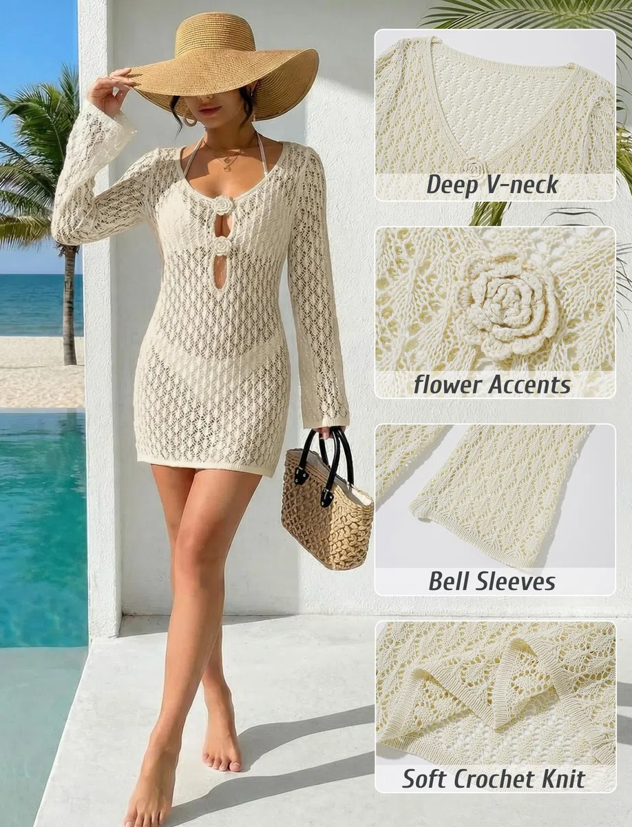 FEOYA Robe de Plage Femme Crochet Maillots de Bain Cover Up Bohême Paréo Ete Tunique Col V Bikini Cover Up Beachwear
