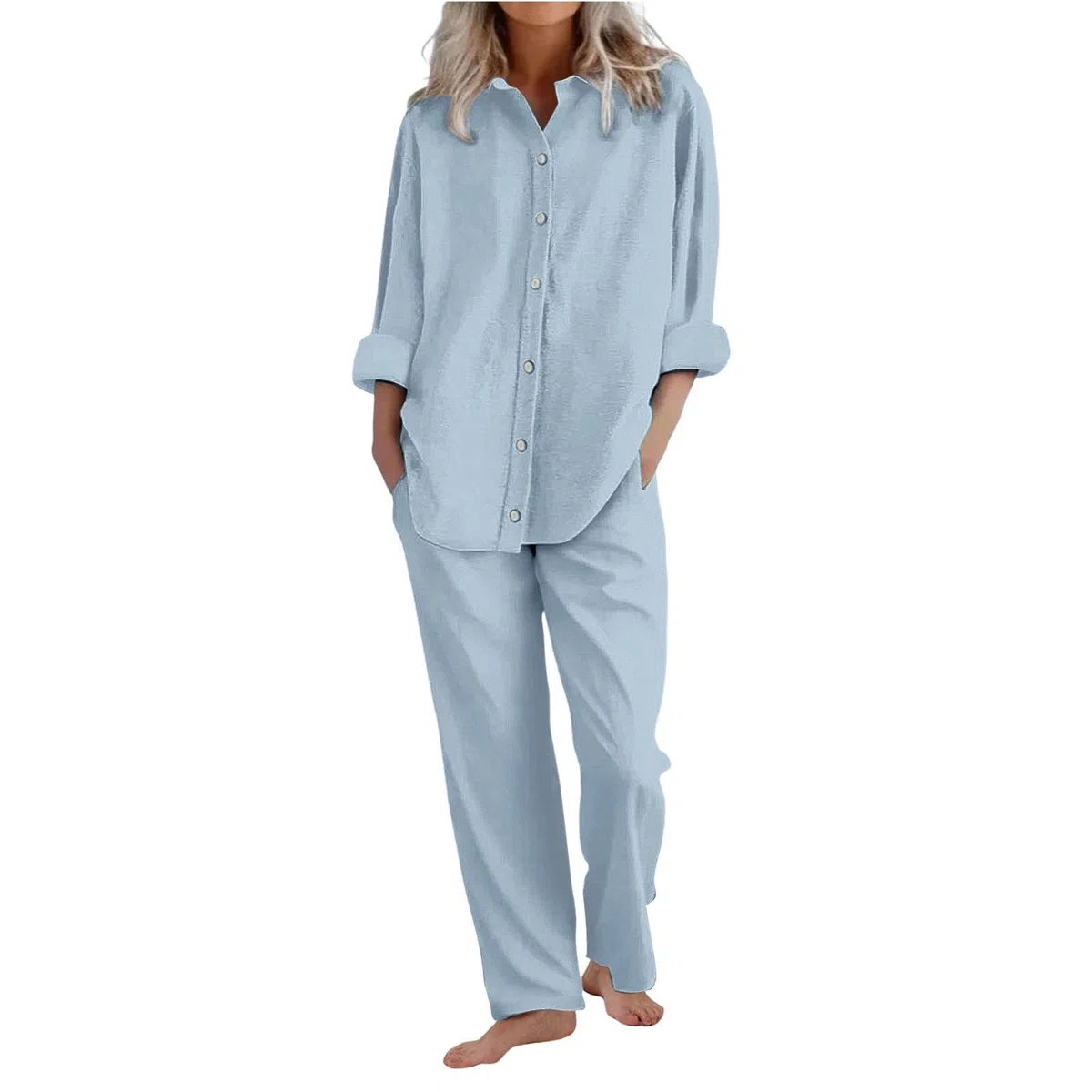 Generisch Ensemble de pyjama 2 pièces pour femme avec pantalon d'été en lin décontracté et festif léger