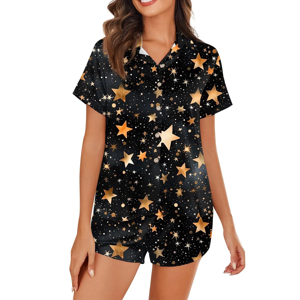 Pyjama Short Femme Doux Deux Pièces en Satin à Manches Courtes avec