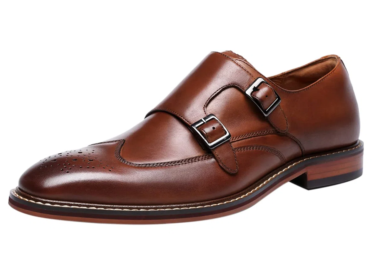 Santimon Homme Cuir Double Monk Chaussures à Boucle de Ville Wingtip Brogue Habillées Business Casual Derby Loafer Noir Marron
